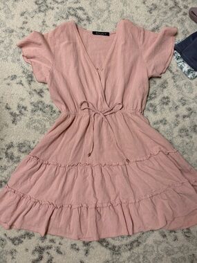 Simple Blush Pink Tiered V-Neck Drawstring Dress